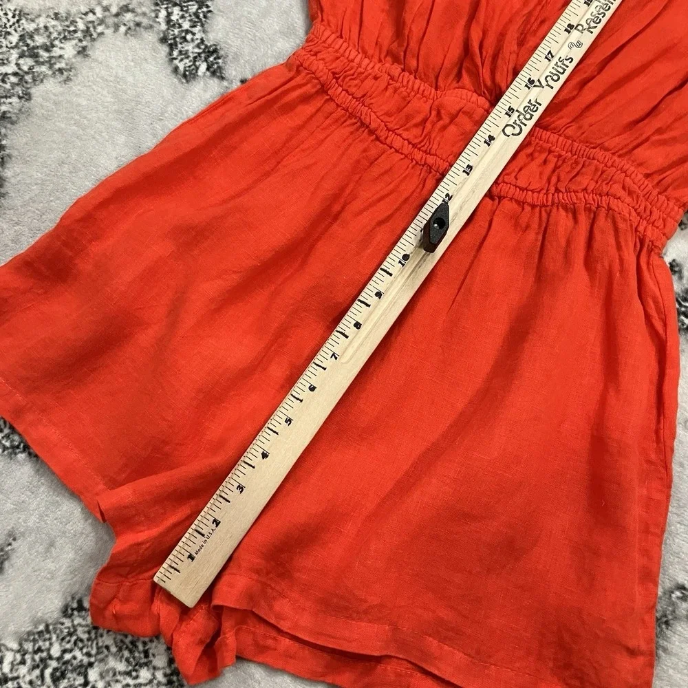 Zara Red Orange Linen Romper Womens Small V Neck Open Back Elastic Waist